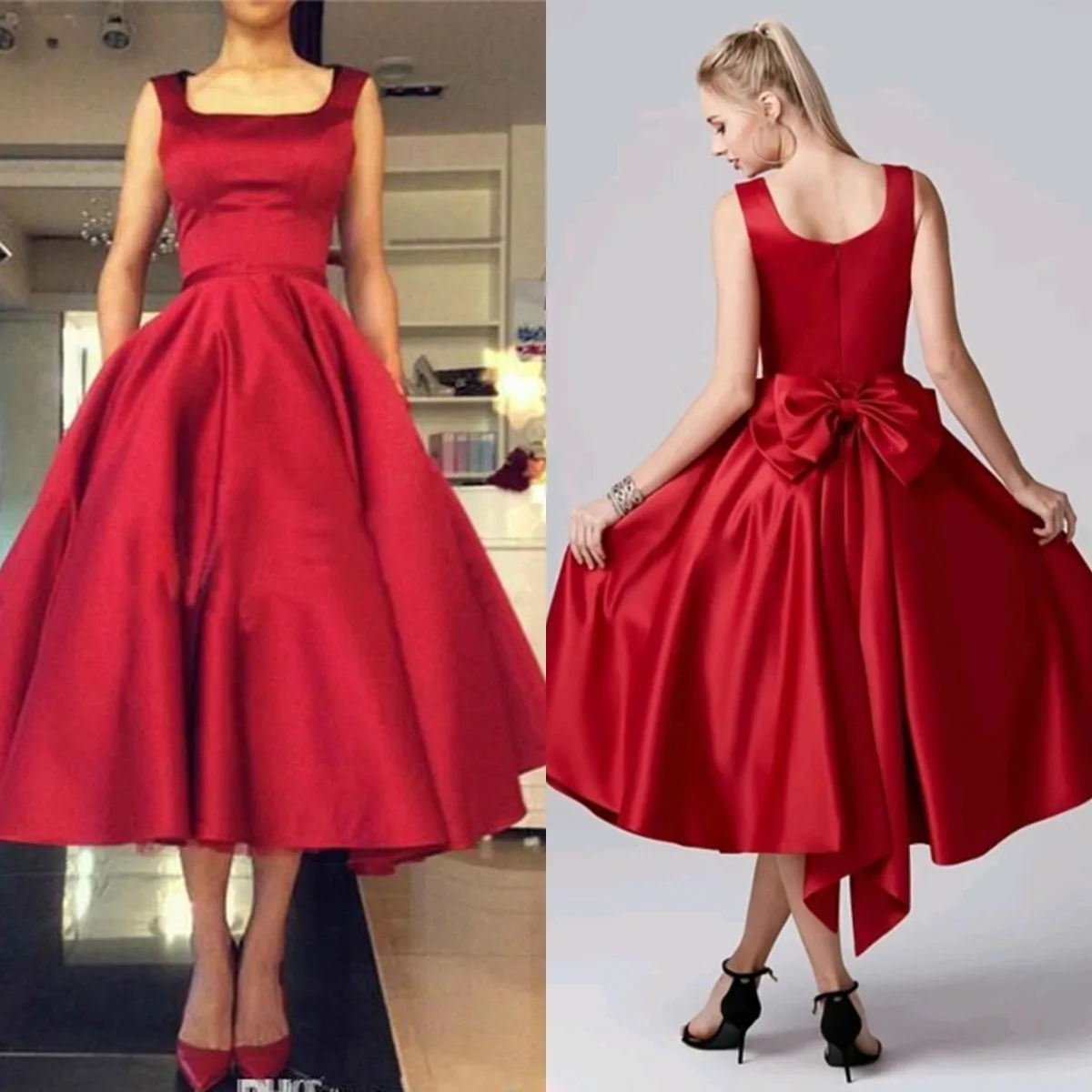 赤いふくらんでいるスカートの帰省のドレス2020の背中の背中の魅力的なティーレングスのカクテルガウン