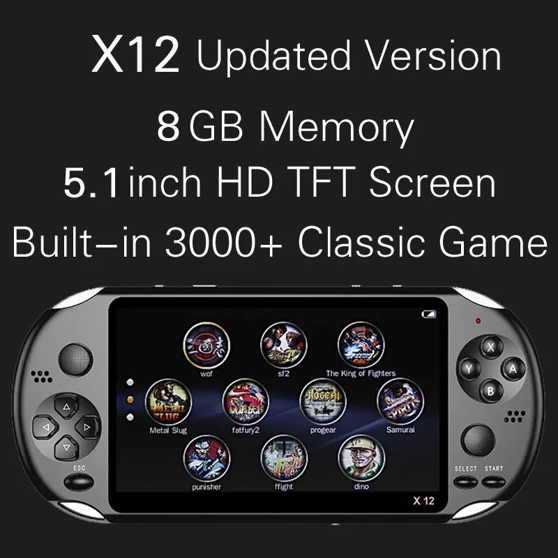 X12 Handheld Spel Player 8GB Memory Portable-videospelkonsoler med 5,1 tums färgskärmstöd TF-kort 32GB MP3 MP4-spelare MQ01