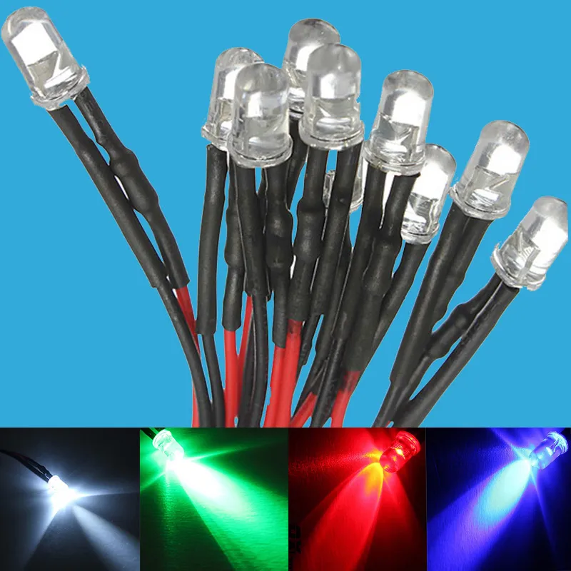 Ampoule LED pré-câblée 12v, 15 pièces, blanc, bleu, rouge, vert, jaune, 5mm, Diode de lampe LED pré-câblée, DC12V F5, Diodes électroluminescentes