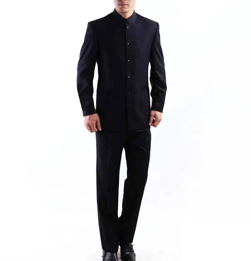 Mens Suit Chinese Tunic Suits 만다린 칼라 공식 검은 양복 슬림 맞는 전면 버튼 신랑 결혼식 블레이저 바지