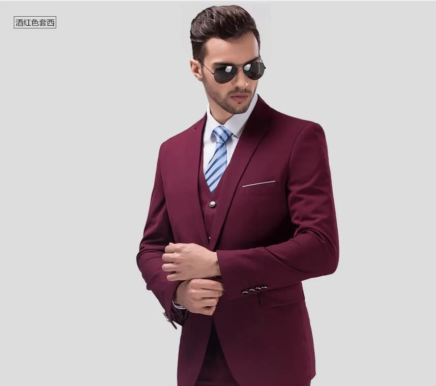 Vino rosso uomo bello sposo abito da sposa classico abito PROM abiti occasioni formali abito tre pezzi (giacca + pantaloni + gilet)