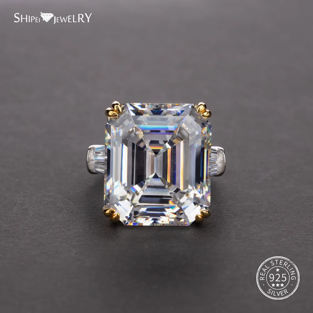 Shipei Natural Rektangel Vit Rosa Sapphire Ring 925 Sterling Silver Sapphire Ringar för Kvinnor Män Bröllopsengagemang