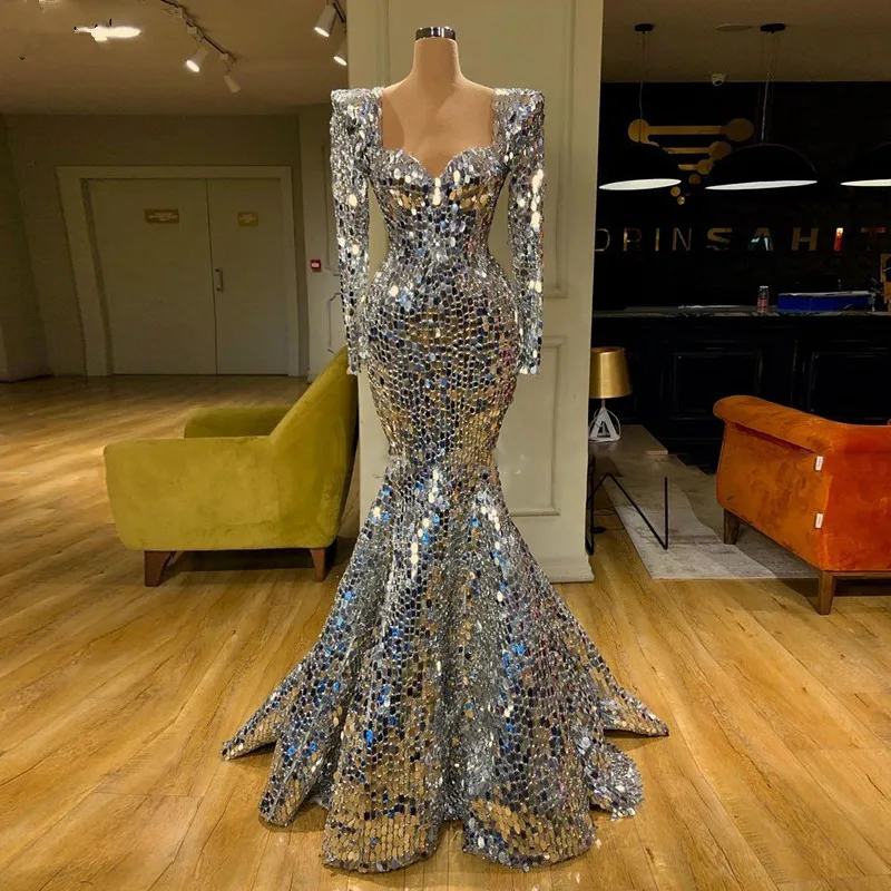 2020 Ny Sparkly Sequin Silver Mermaid Prom Klänningar Långärmad Arabisk Aftonklänning Dubai Lång Eleganta Kvinnor Formell Party Gala Klänningar 1434