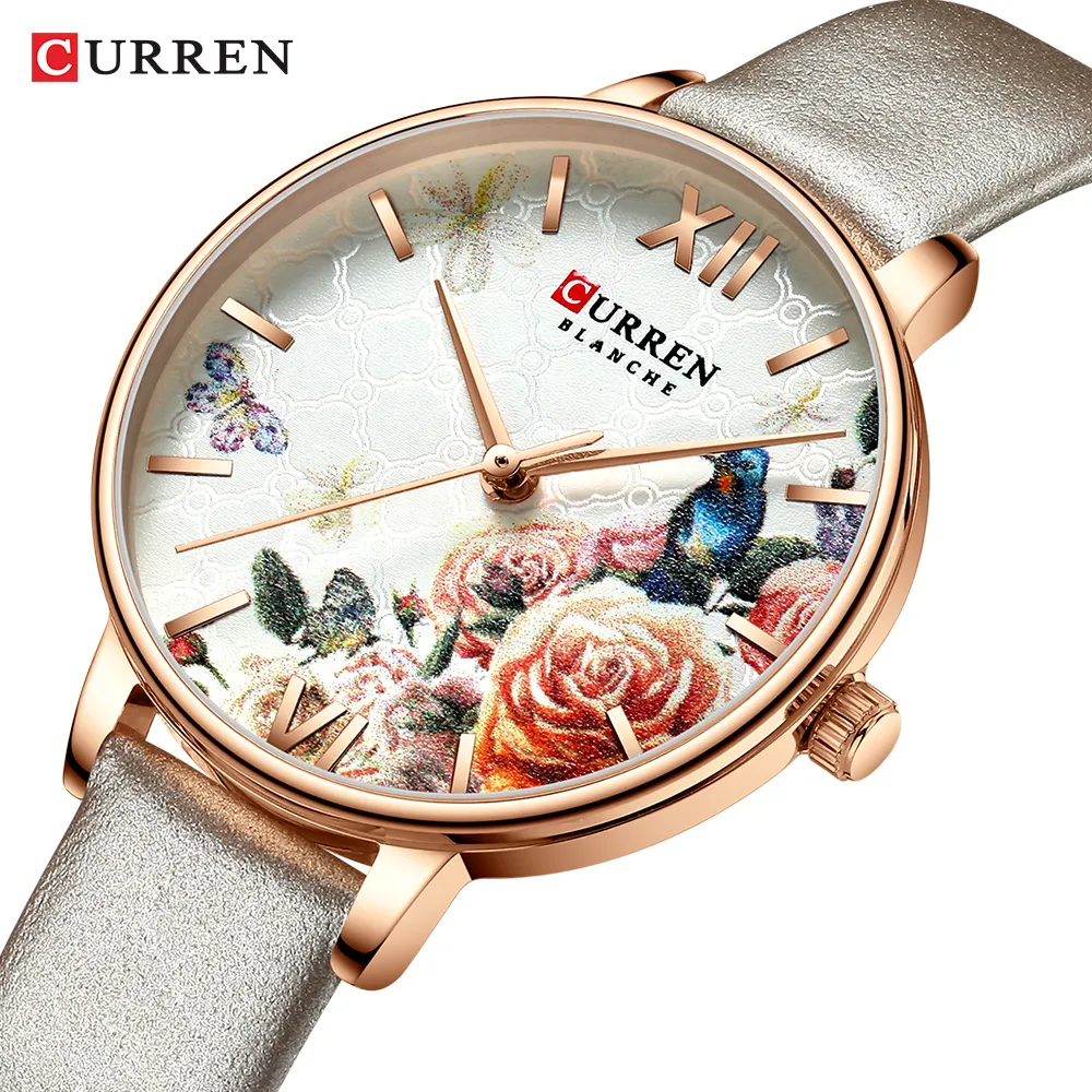 Curren Beautiful Flower Design Watch Wames Fashion Casual Кожаные наручные часы, дамы, смотрят женские часы женские кварцевые часы