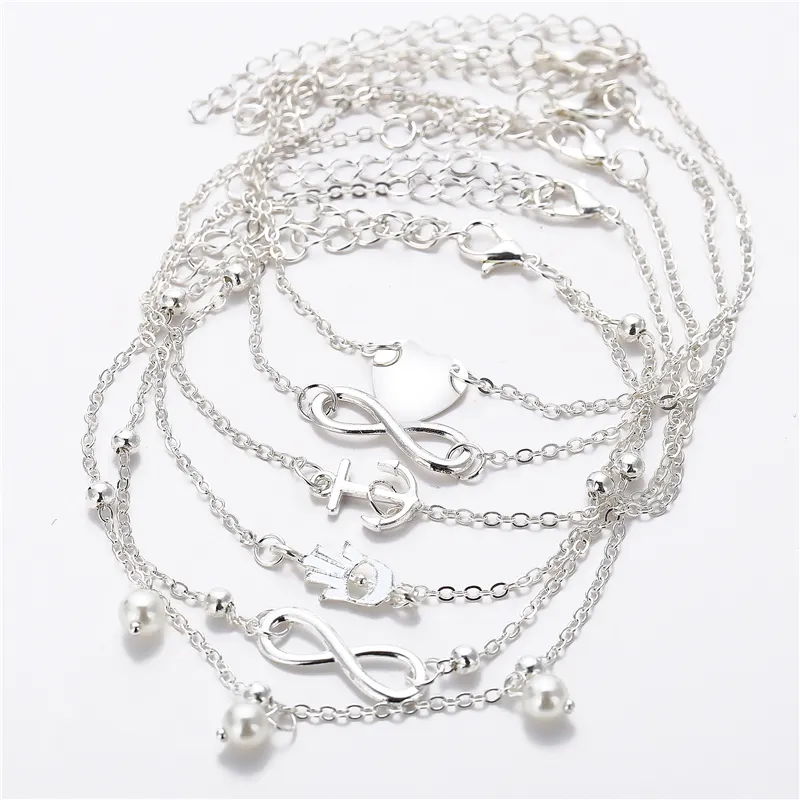 Anklets Armband voor Vrouwen Meisjes Zilver Goud Charm Mode Perzik Hart Anchor Kunstmatige Parel Kralen Legering Sexy Sandaal Strand Voeten Sieraden