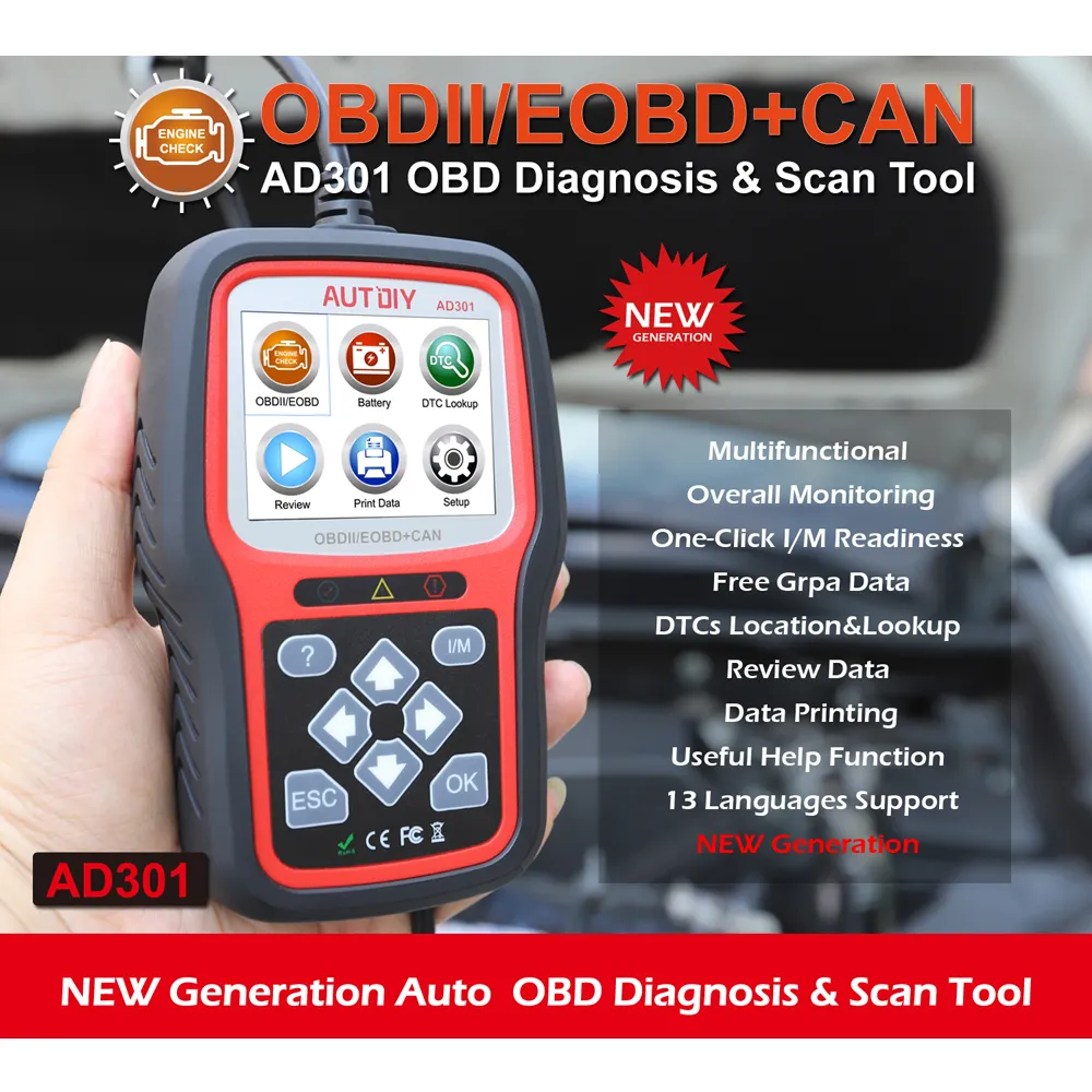 Coche OBD lectores de cheques herramienta de diagnóstico auto motor de código profesional herramientas de escaneo de códigos Borra OBD2 / OBDII AUTDIY AD301