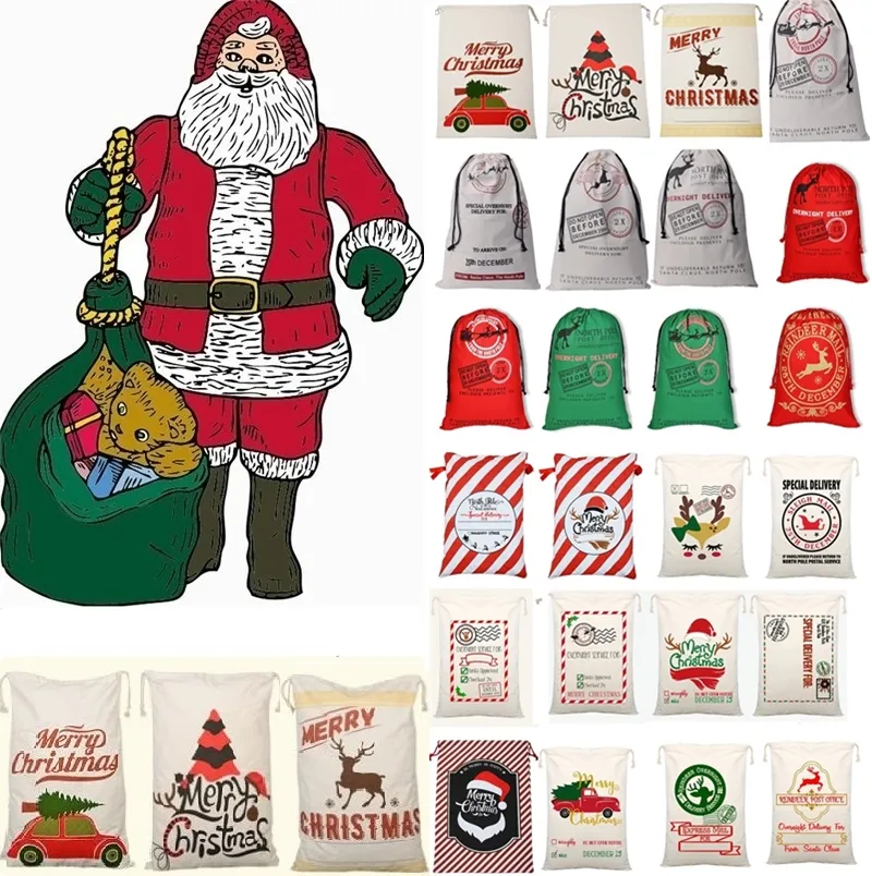 HomeChristmas Dekorationer Stor kanfas Monogrammable Santa Claus Drawstring väska med renar, monogramabla julkassar gåvor säcksäckar4549