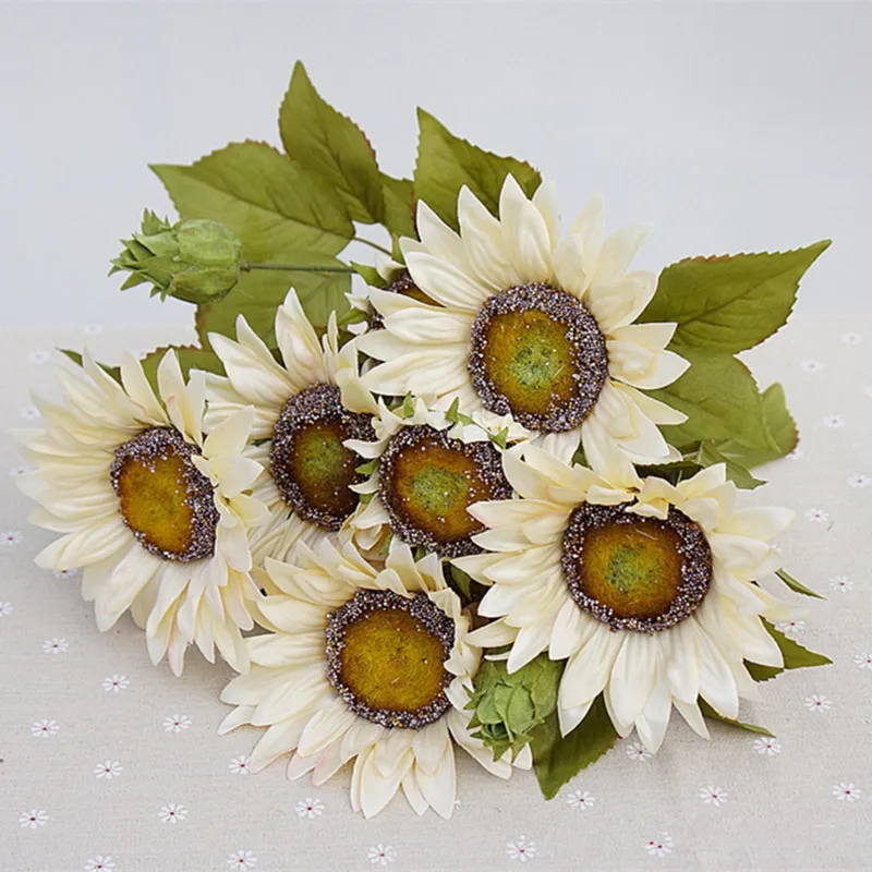 1 Bouquet 13 Heads Retro European Style Oil Painting Feel White Sunflower Artificial Flowers 50CM