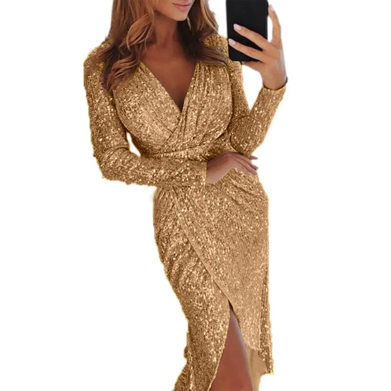 Sequin Party Dress: Sexy V-Neck Long Sleeve Wrap Dress - Shop Now! Premium  Quality, Best Seller from Dhgate Basic & Casual Dresses - price 26.76