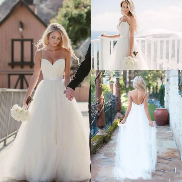 Vintage Ivory Spaghetti Straps Tulle Sweetheart Neckline Long Wedding Dresses 2019 Floor Length Backless Beach Bridal Gowns