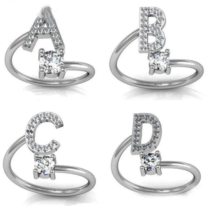 Fashion 26 Letters Silver Ring For Women Rhinestone Abertura A-Z Dedo letra inicial anéis do sexo feminino anel de noivado Jóias do presente do partido