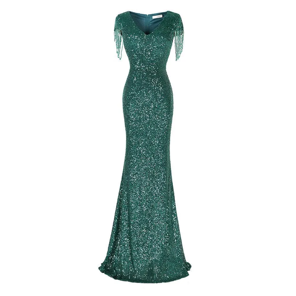 Vintage 2020 luxo luxo lantejoulas de manga verde verde vestidos de baile sexy pura jóia tassel tassel noite desgaste beads celebridade vestidos de baile