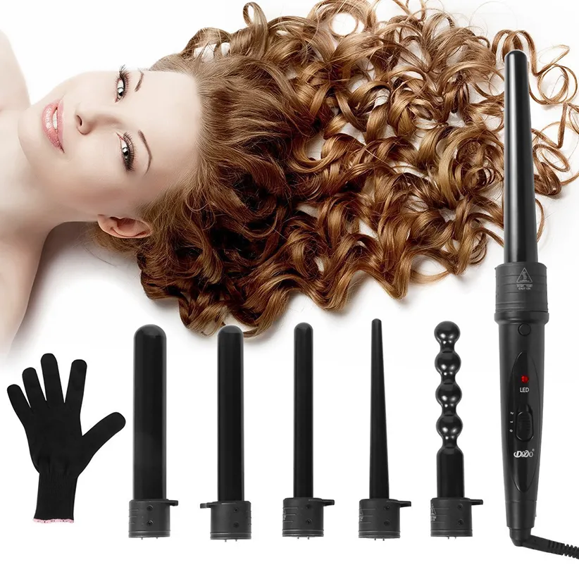 6 i 1 Ceramic Curling Wand Hair Curler Set Pro Utbytbar Barrel 9mm-32mm Tourmaline Curling Iron Tongs Machine