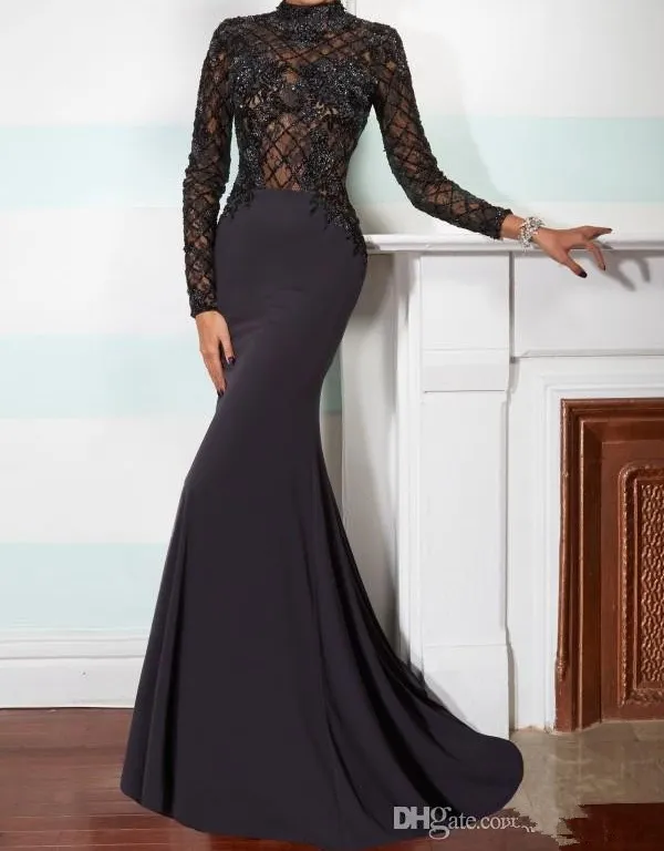 Elegant Mermaid Mother of the Bride Dresses High Neck Long Sleeve Lace  Applique Black Beads Crystals Chapel Train Evening Gowns from Dhgate Mother's  Dresses - price 248.43