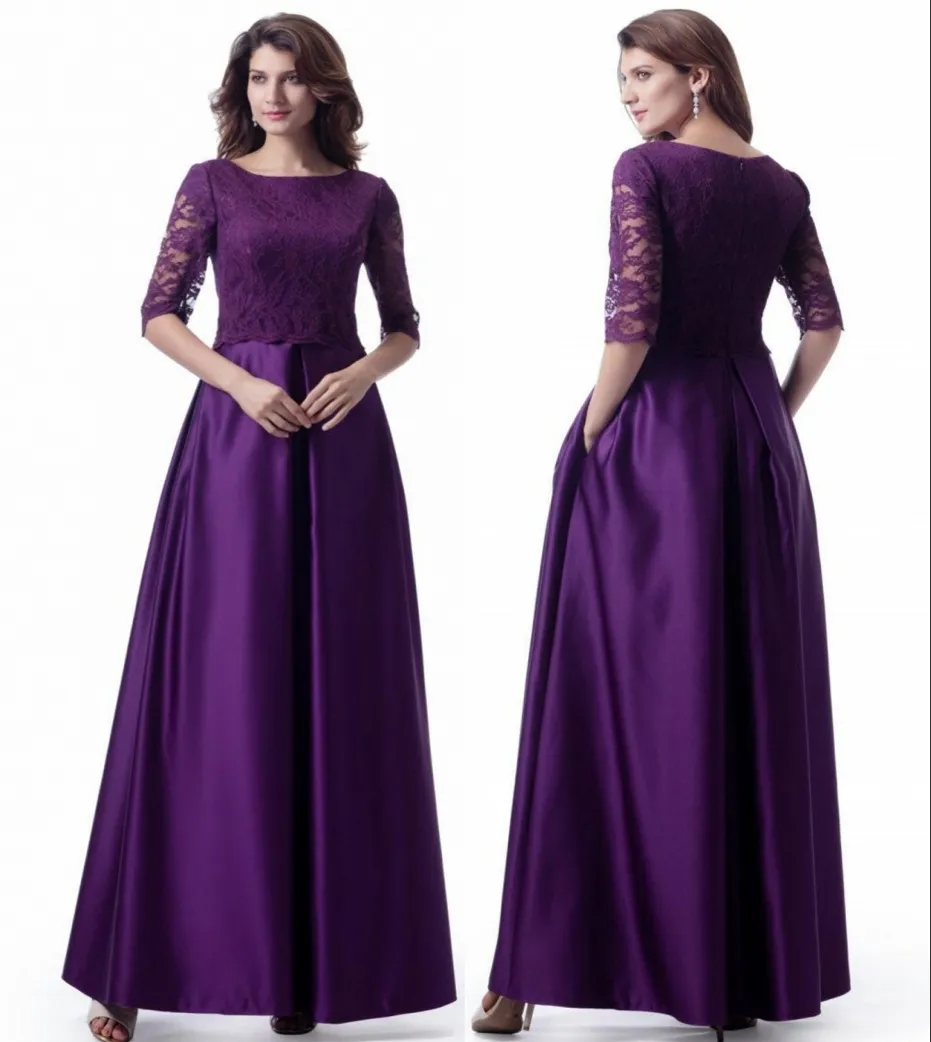 Elegant Long Modest Bridesmaid Dresses With Half 1/2 Sleeves Lace Top Satin Skirt Pockets Country Style Formal Wedding Party Dresses