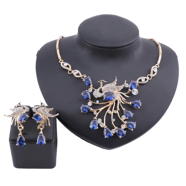 Neue Luxus -Statement Halsketten Ohrring Frauen blau kubisch Zirkon glitzernden Phoenix Kristall Hochzeitsfeier Schmuck Set