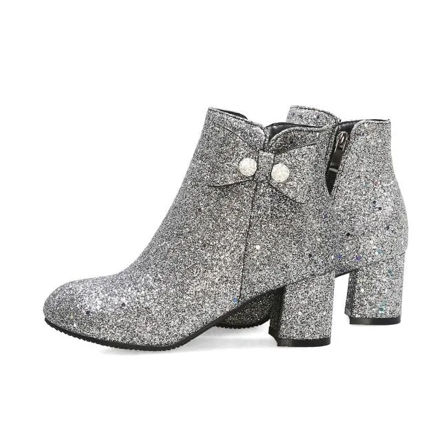 Klein Big Size 32 33 tot 42 43 44 45 Glitter Lovertjes Blauw Zilver Bowtie Chunky Hak Enkellaarzen Dames Winterschoenen