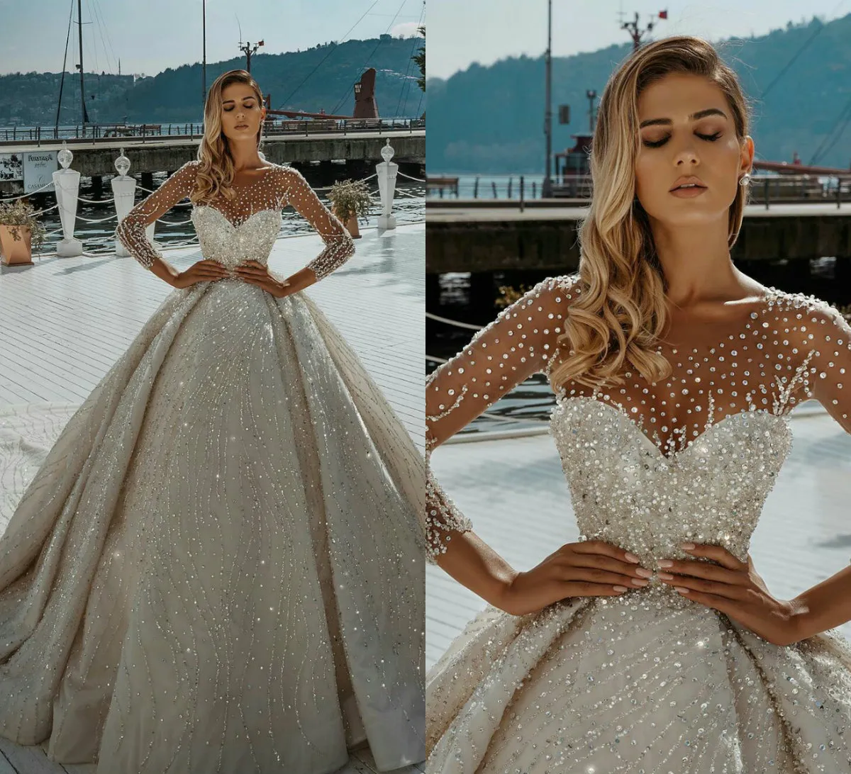 2020 Gorgeous Ball Gown Wedding Dresses Jewel Neck Lace Sequins Beaded Arabic Bridal Gowns Långärmad Vintage Plus Storlek Robes de Soiree