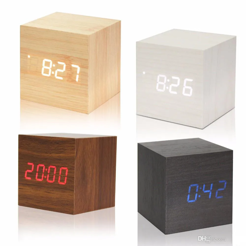 Cube Holz LED Wecker LED Display Elektronische Desktop Digitale