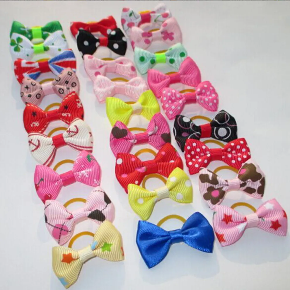 20Pcs/lot Handmade Pet Hair Bows Cute Ribbon Grooming Accessories Products Dogs Cats Little Flower Bows With Elastic Rubber Band Hot