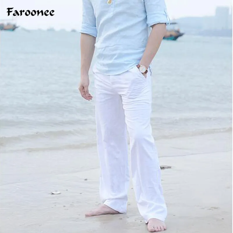 Casual Pants for Men Cotton Linen Straight Byxor White Linne Elastic Midje Leisure Beach Man's Full Pants Plus Size V191028