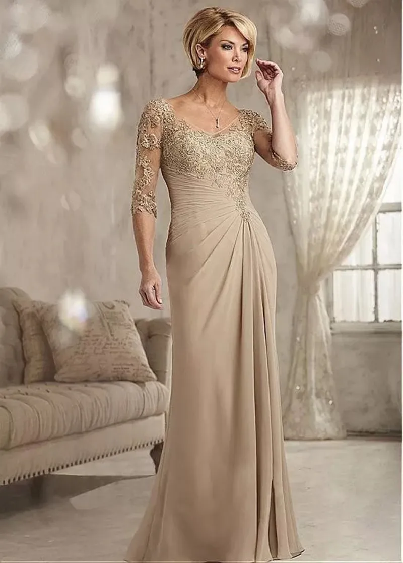 Elegante lange Kleider für die Brautmutter mit Ärmeln, sexy V-Ausschnitt in voller Länge, Chiffon, Hochzeitsgastkleid, Spitze, Bräutigam, Mutter, Party, Go2104