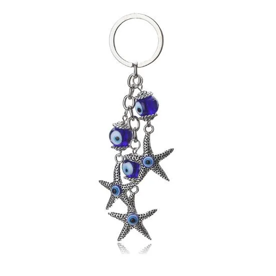 Vintage Silver Seestarfish Charme Schlüsselkette für Frauen Männer Türkei böse Augen Schlüsselbund Ringe Ozean Schlüsselanhänger