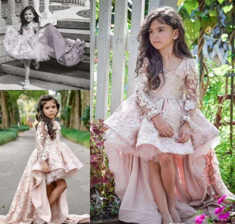 2019 Cute Hi Lo Flower Girls Sukienki V Neck Dzieci Urodziny Princess Dresses 3D Aplikacje Wielopoziomowe suknie