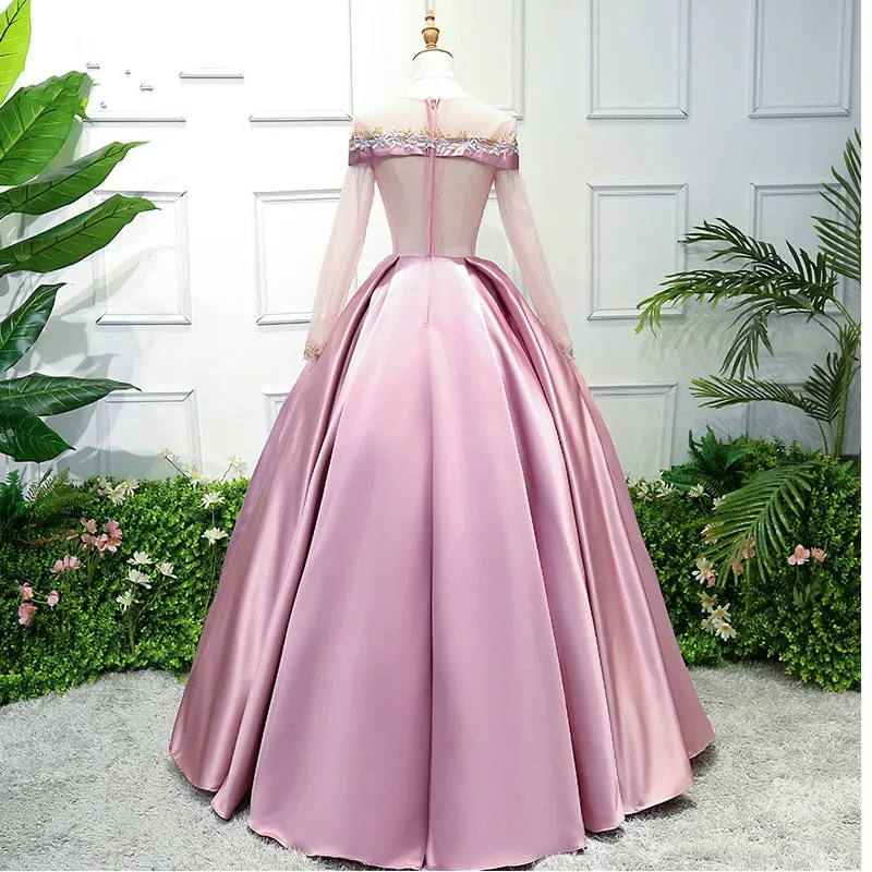 Empire Waist Princess Long Sleeve Satin Ball Gown Dress with Gold  Embroidery Floor-Length from Dhgate Quinceanera Dresses - price 108.23