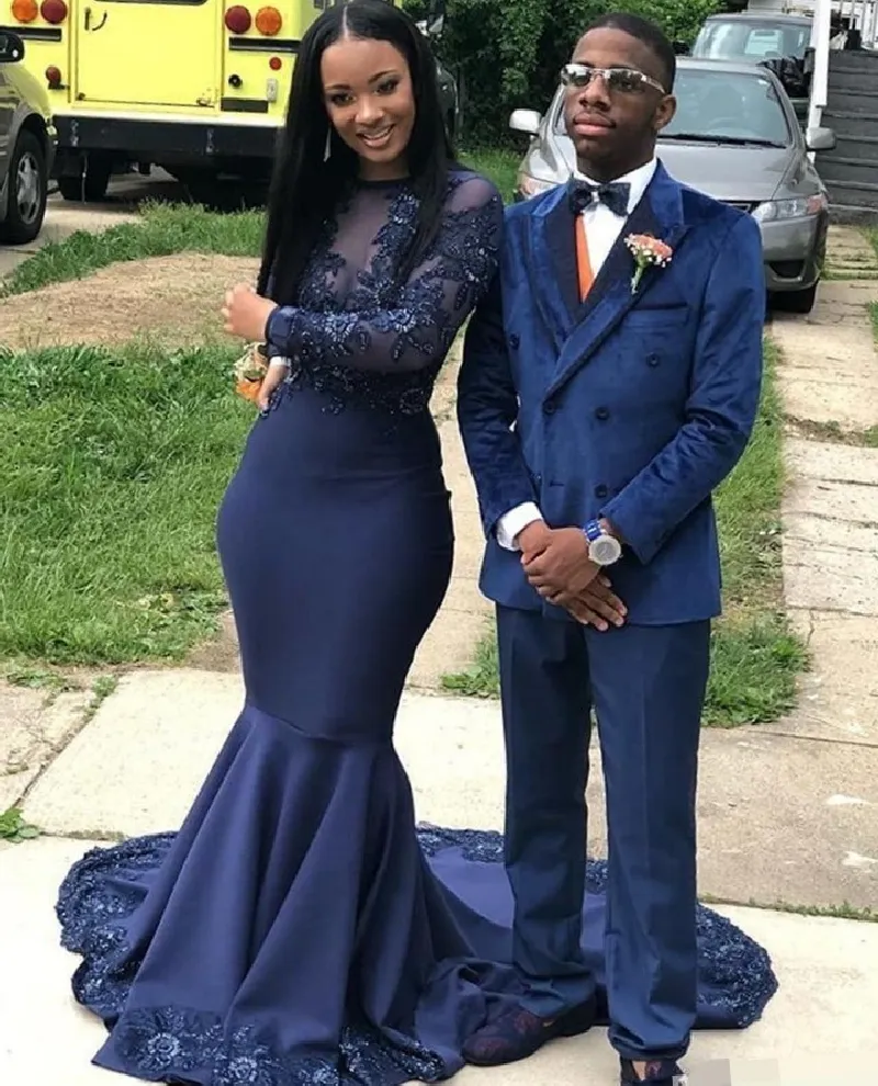 African Nigerian Navy Blue Lace Mermaid Evening Dresses Jewel Neck Floor Length Prom Dress Special Occasion Dress
