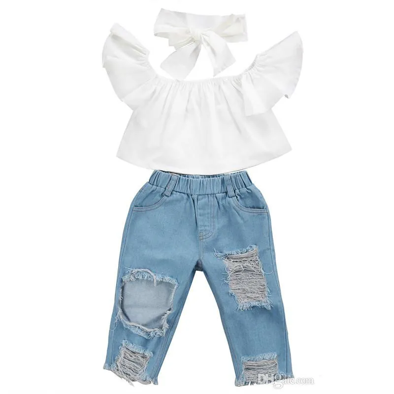 Nouveau mode enfants filles vêtements hors épaule Crop hauts blanc + trou Denim pantalon Jean bandeau 3 pièces enfant en bas âge vêtements pour enfants