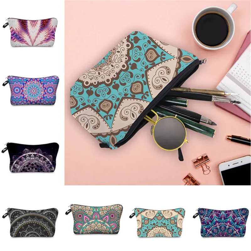 Mandala 3D -tryckning Kosmetiska väskor Fashion Printed Makeup Storage Bag Polyster Zipper Make Up Case Outdoor Travel Clutch Pouch 24 Färger