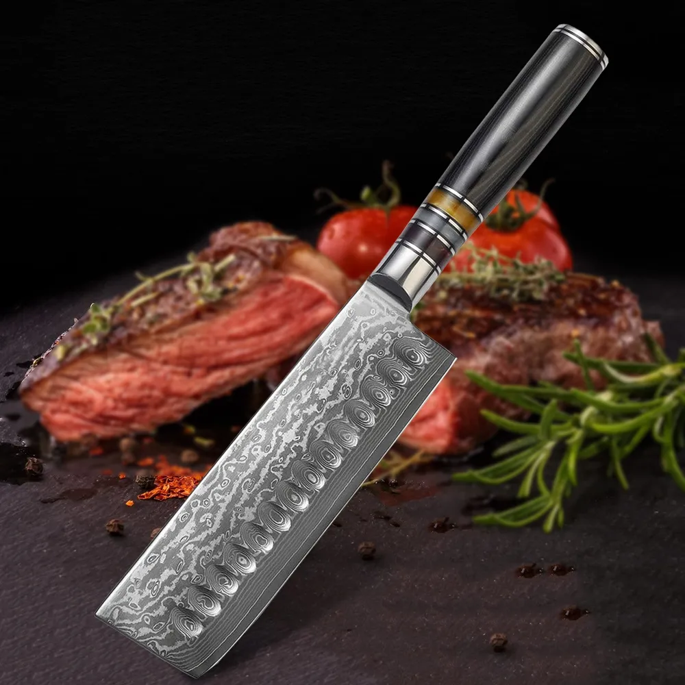 칼 요리 7 "인치 요리사 칼 VG10 다마스커스 스틸 샤프 일본 프로 ​​부엌 칼 산 토쿠 클리버 슬라이스 껍질 벗기기 야채