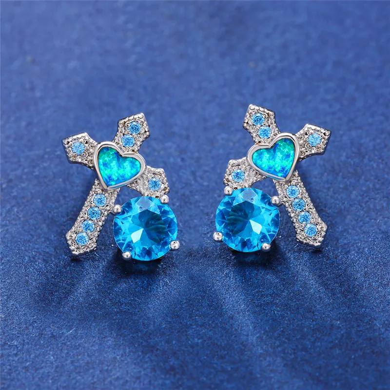 Orecchini a forma di croce con zirconi rotondi in opale blu cuore per donna gioielli fortunati in oro bianco moda femminile regalo orecchino in pietra blu oceano