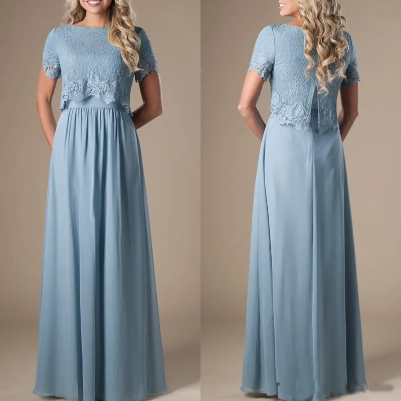 Blue Bridesmaid Dresses Long A Line Lace Top With Short Sleeves Modest Boho  Formal Evening Gown For Wedding Party From Veralove999, $77.66