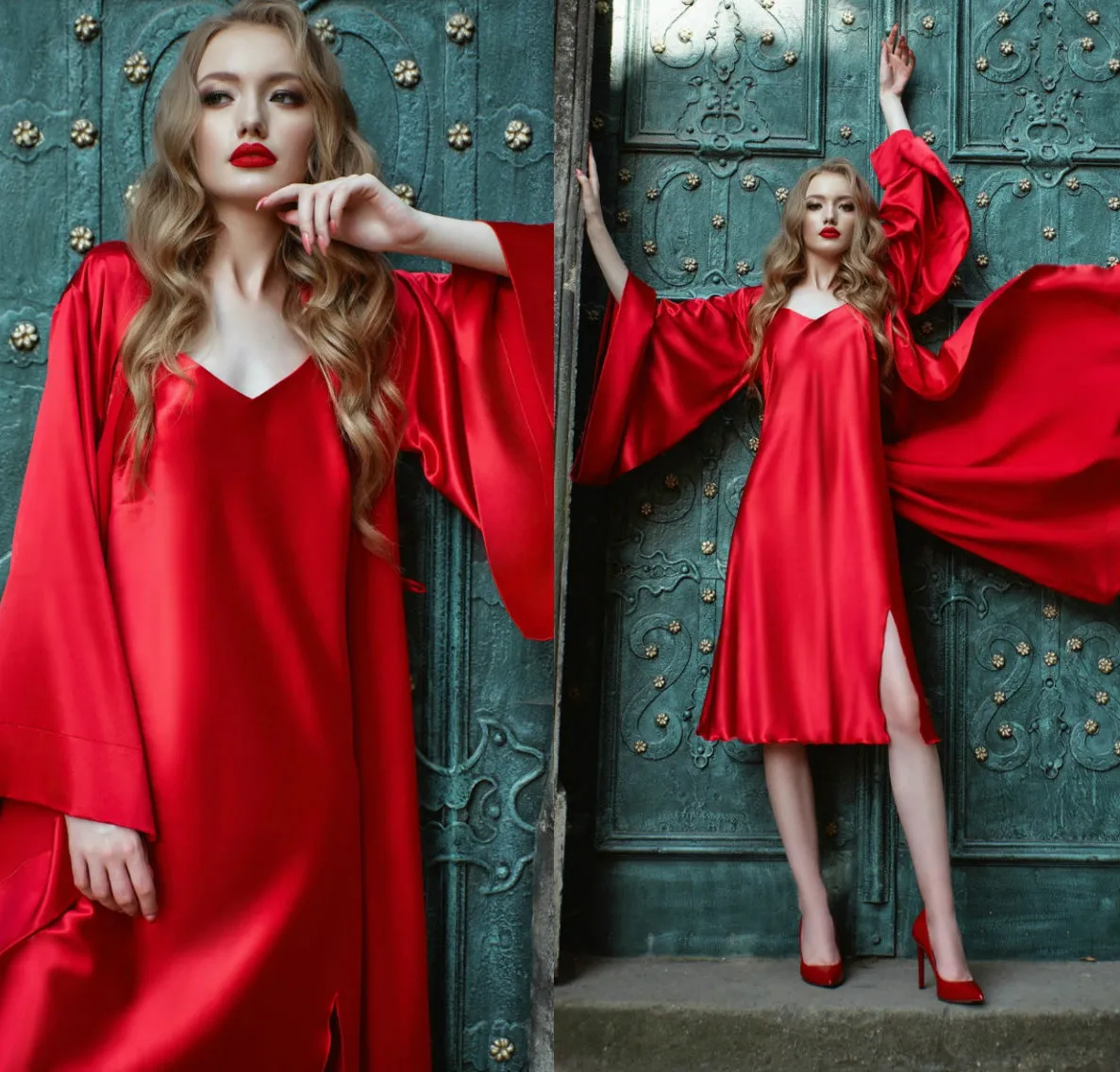 Cheap Red Two Piece Lingerie Nightgown Wedding BathRobes Long Sleeve Satin  Silk Pajamas Sleepwear Bridal Robe Knee-Length Women Housewear