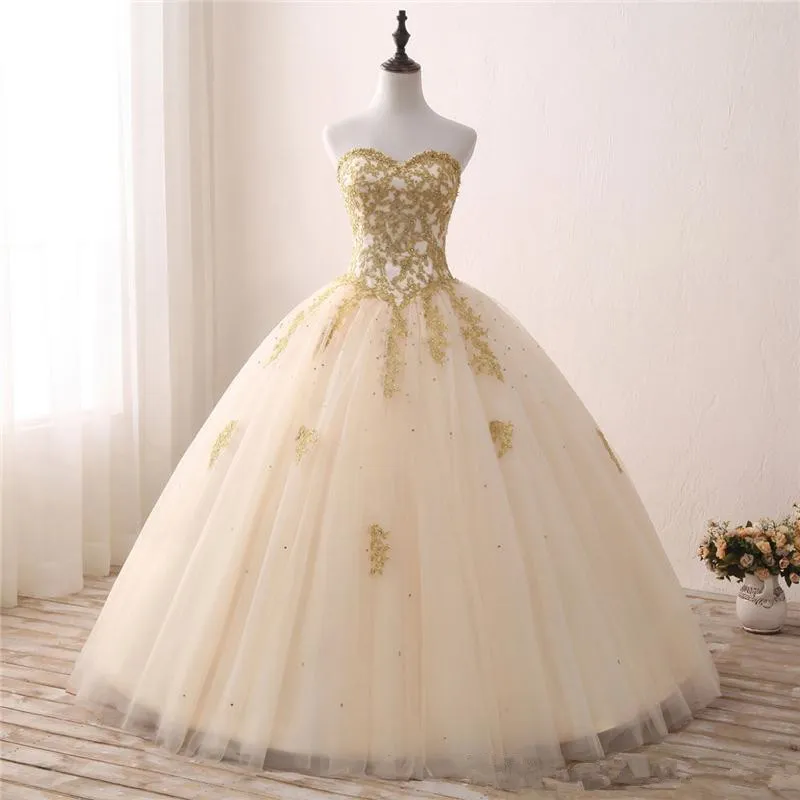 New Cheap Gold Appliques Ball Gown Quinceanera Dresses Crystal Tulle Floor-length Sweet 16 Dress Debutante Prom Party Gown