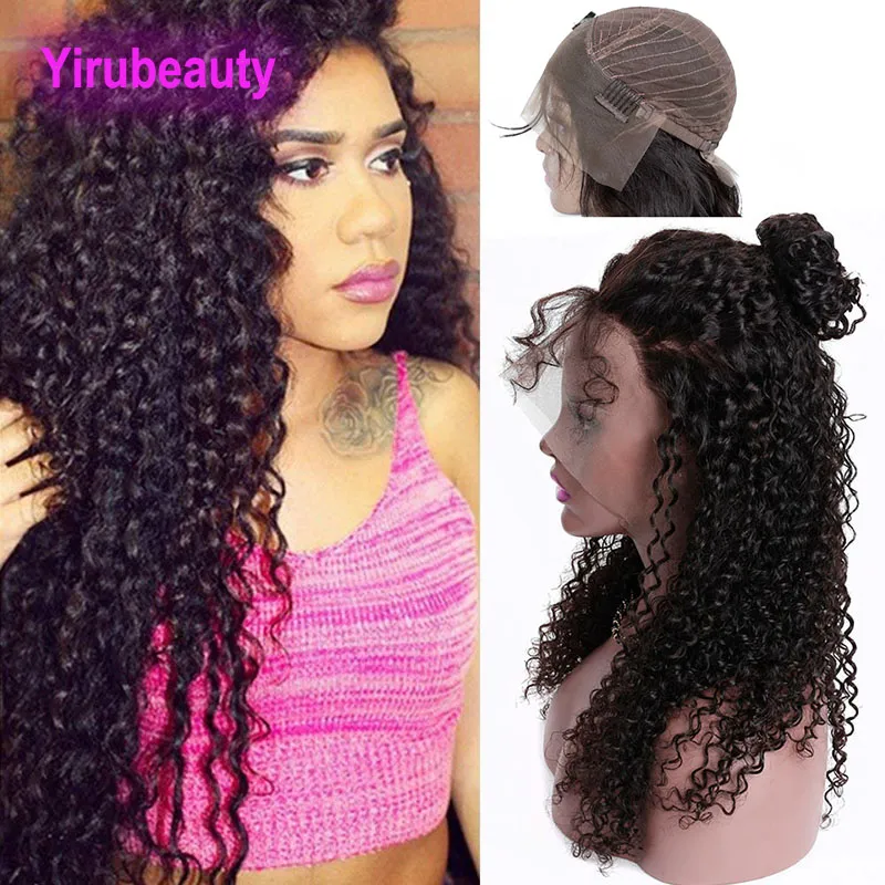 Cheveux humains malaisiens non transformés 13X4 perruques avant en dentelle couleur naturelle crépus bouclés perruques pré plckées avec des produits pour cheveux de bébé 8-30 pouces