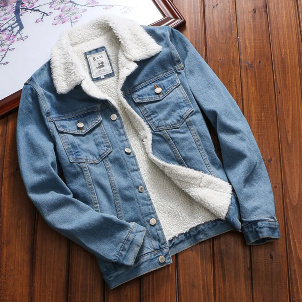 Vintage Mens Denim Upset Warm Jackets For Men Loose Fit, Thick 