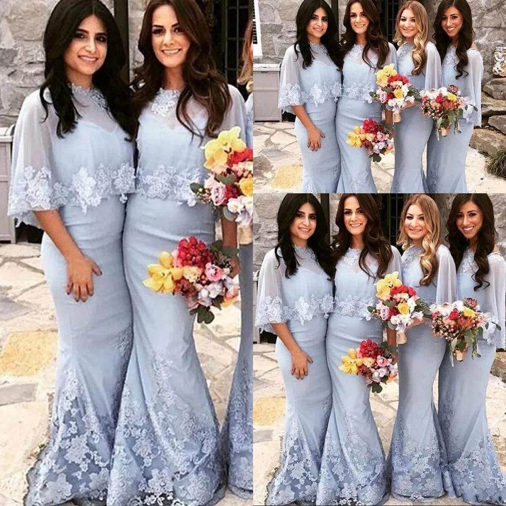 Arabic New Cheap African Silver Bridesmaid Dresses Mermaid Lace Appliques Beads Floor Length For Wedding Guest Dress Party Gowns With Wraps