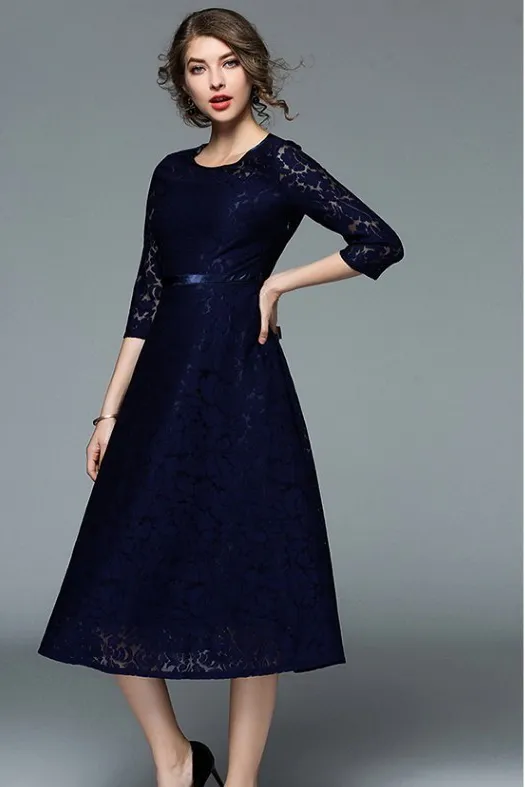 blue lace tea length dress Navy Blue A-line High Neck Lace Short Sleeve Knee-length Homecoming  Dresses, MH259