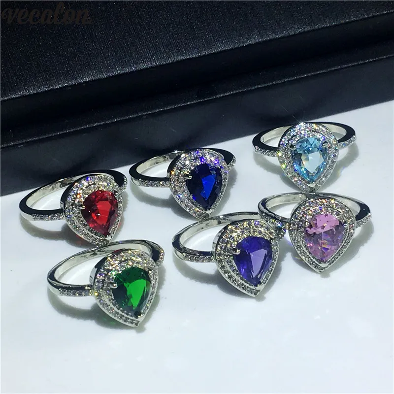 Birthstone Vecalon Ring Sterling Sier Water Drop 5a Cz Band Band Rings for Women Bridal Party Finger Jewelry Gift S