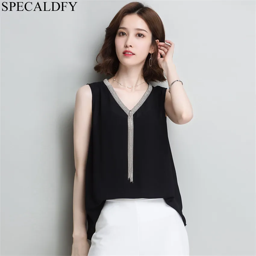 3XL Plus Size Summer Tops For Women Shirt Casual White Black Chiffon Blouse Sleeveless Shirts Beading Blusas Feminina 2019