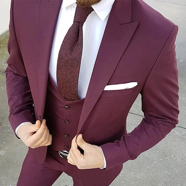 Classic Style One Button Burgundia Ślub Groom Tuxedos Peak Lapel Groomsmen Mężczyźni Garnitury Prom Blazer (Kurtka + Spodnie + Kamizelka + Krawat) No: 1926