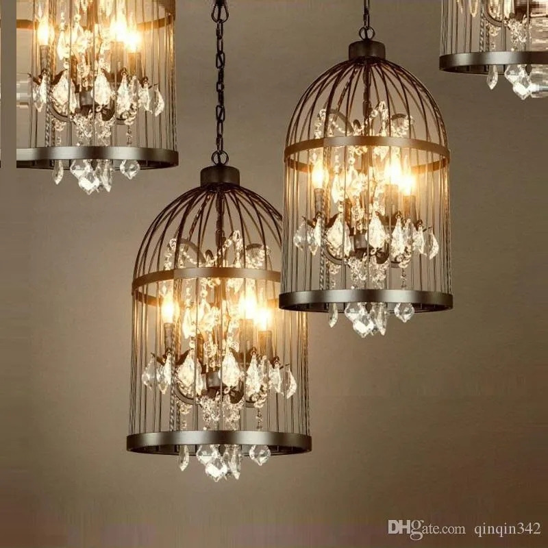 Indoor Lighting Crystal Bird Cage Chandelier Wrought Iron American ...