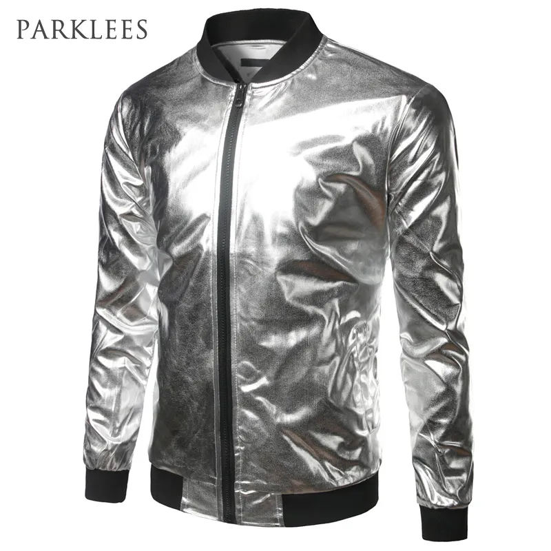Silver Metallic Bomber Jacket Men Mandarin Collar Shiny Night Club Baseball Varsity Jacket Men Casual Slim Fit Mens Jacket Coats