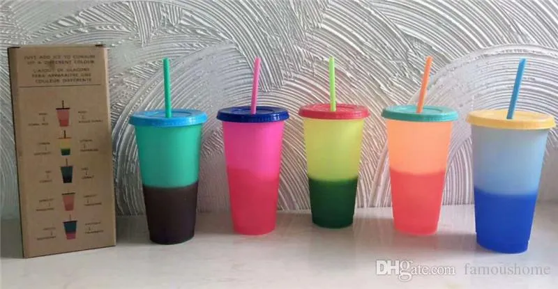 Hot 24oz Kleur Veranderende Cup Magic Herbruikbare Plastic Cups Met Deksel en Stro Snoep Kleuren Koud Drinken Tuimelaar Magic Color Changing Tumblers