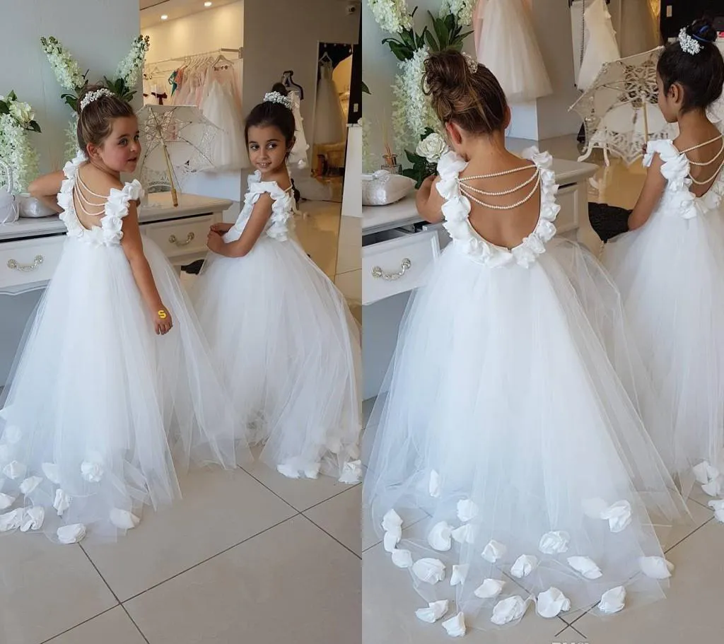 Abiti da ragazza di fiori carini 2019 Nuovo tulle bianco A Line Figlia Bambino Graziosi bambini Spettacolo formale Abiti da prima comunione