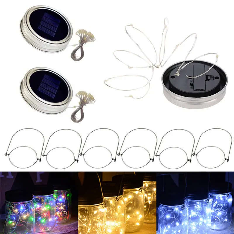 Solar LED Mason Jar Lights Up Lock 2m 20 LED String Fairy Star Lights med handtag för vanlig munburkar trädgårdsinredning