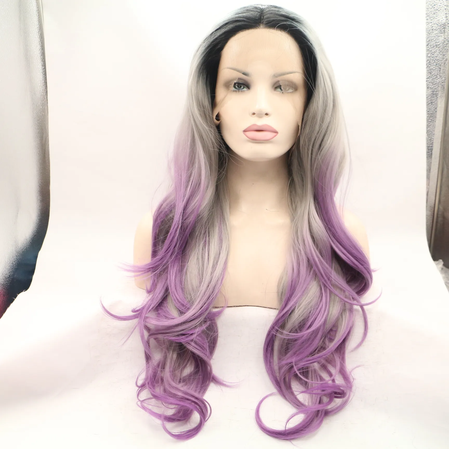 Body Wave Synthetic Wig: Ombre Grey/Purple Lace Front Glueless Wig